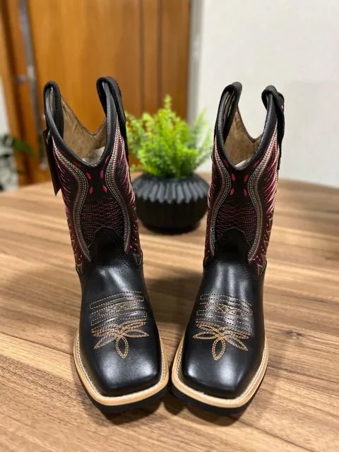 Texana Eduardo - Couro Látego Preto/ Bordado Ramos Vermelho e Bege - Imagem 2