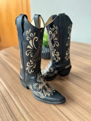 Texana Maria Bico Fino - Couro Látego Preto/Bordados Padroeira Marrom e Bege