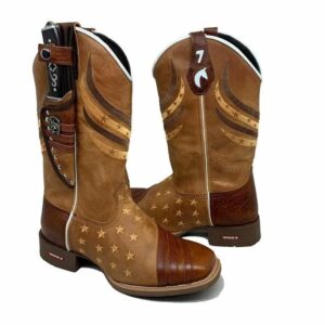 BotaFaca Americana Gold
                                    - Couros Fóssil Havana e Havana Chapado | Bordados Estrelas | Tons Marrom e Bege