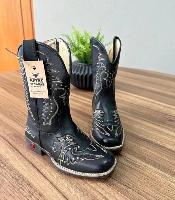 Texana Fernanda Infantil - Couro Látego Preto/Bordado Ramos Bege - Imagem 2