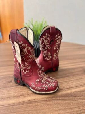 Texana Isabela Infantil - Couro Vermelho/Bordado Cruz Marrom e Bege