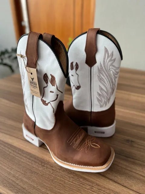 Texana Geovani - Couro Floatter Branco e Horse Nescau/ Bordado Mulas Marrom