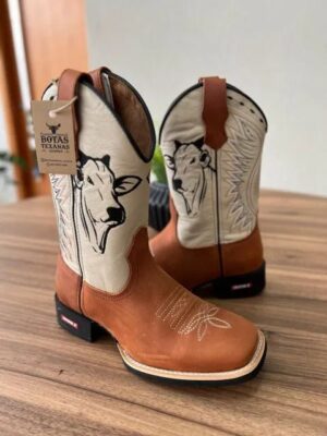 Kit Texana Caio + Faca - Couro Off-White e Horse Telha/ Bordado Boi Preto
