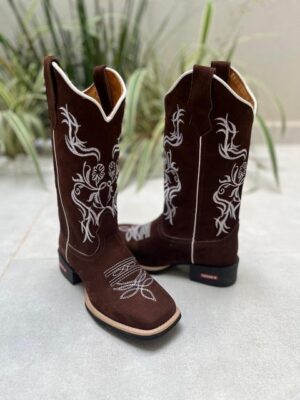 BOTA TEXANA BORDADO FLORES BRANCA COURO NOBUCK MARROM