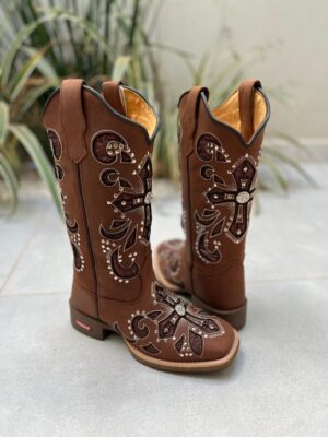 BOTA TEXANA LASER CRUZ BRIDÃO GLITTER MARROM COM METAIS COURO MARROM