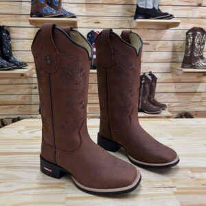 BOTA TEXANA - COURO HORSE NESCAU BORDADO RAMOS + FLORÃO MARROM