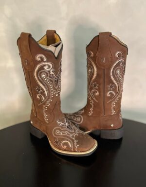 BOTA TEXANA LASER TRIBAL GLITTER ROSA BEBÊ COM STRASS COURO MARROM