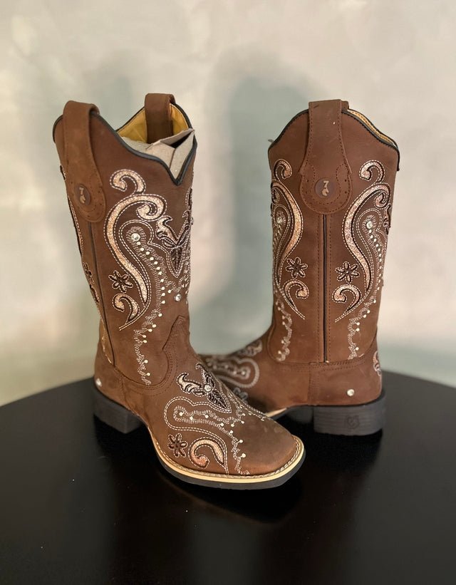 BOTA TEXANA LASER TRIBAL GLITTER ROSA BEBÊ COM STRASS COURO MARROM